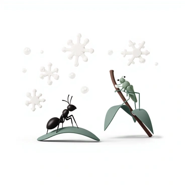 An ant, with a shiny black body and small antennae, is standing on a leaf, looking up with curiosity. Next to it, a grasshopper, green with long hind legs and large compound eyes, is perched on a branch. Both are observing "snowflakes" gracefully falling from the sky, each unique in shape and size. The ground beneath them is covered in a light dusting of "snow," while "white flakes" gently float down around them, creating a serene winter scene. The atmosphere captures the quiet wonder of nature during snowfall.