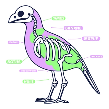 An illustration of a bird's skeleton displayed in a clear and informative manner. The skeleton is shown in a side view, allowing for visibility of all the key bones. Each bone is labeled with "label" text in proximity to the corresponding part of the skeleton. The bones, including the skull, wings, and legs, are highlighted to ensure clarity and distinction. The overall composition is organized, ensuring that the anatomy is easily understandable.