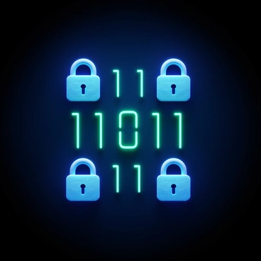 A digital code represented as a series of glowing blue and green lines of binary numbers. The code appears to be frozen in place, with various symbols of locks integrated throughout the design. Each lock symbol is detailed, showcasing a metallic texture with intricate patterns. The background is dark, enhancing the bright colors of the code and locks, creating a striking contrast.