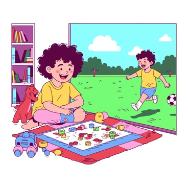 A happy child with curly hair is sitting on a colorful rug indoors, deeply focused on a board game spread out in front of them. The game pieces are various brightly colored figures, and a set of dice is rolled beside them. Surrounding the child are a variety of toys, including a red plush dinosaur and a blue toy robot. Nearby, a small bookshelf is filled with children's books. 

Outside, another child with short hair is energetically kicking a soccer ball across a green field. The child's outfit is vibrant, featuring a yellow jersey and blue shorts. In the background, there are a few trees and a bright sky filled with fluffy clouds. The child is smiling widely as they chase after the ball, clearly enjoying the game.