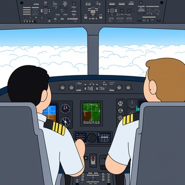The image shows an airplane cockpit with two pilots at the controls. One pilot, with short dark hair, is focused on a set of instruments, while the other pilot, with light brown hair, is looking out at the view through the windshield. Outside, fluffy white clouds stretch across the sky, partially obscuring the blue above. The cockpit is filled with various dials and screens displaying flight data. Sunlight filters in, illuminating the pilots’ faces and highlighting the details in the cockpit’s interior.