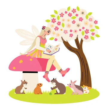 A flower fairy with delicate wings, wearing a colorful dress made of petals, is seated on a large mushroom. She has long, flowing hair adorned with small flowers. In her hands, she holds an open book with illustrations of flowers and animals. Around her, a group of curious woodland creatures, including a small rabbit, a squirrel, and a hedgehog, sit attentively. They are gathered on soft green grass beneath a large, blossoming tree with pink and white flowers. Sunlight filters through the branches, creating a warm, inviting atmosphere as the fairy reads.