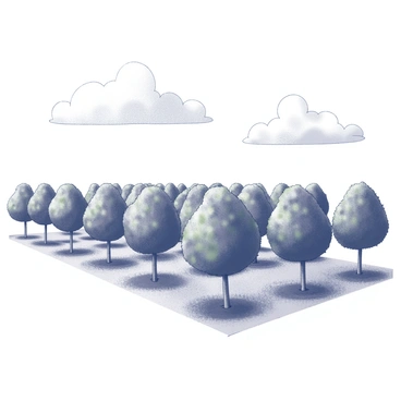 A vast field filled with numerous lime trees of varying heights, their distinctive rounded canopies creating an organized pattern across the landscape. The trees have textured bark, and their leaves display intricate details typical of lime trees. The ground below is grassy, with patches of earth visible between the trees, adding to the natural setting. Above, a clear sky stretches wide, featuring soft, fluffy clouds scattered throughout, contributing to the open and fresh environment.