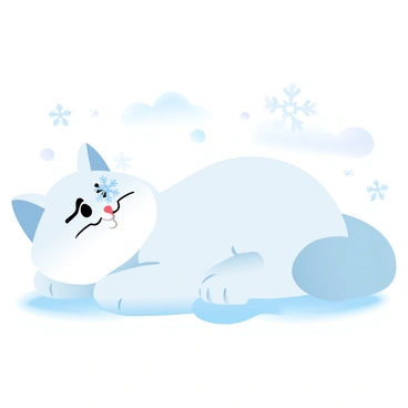 A fluffy white cat is lying down, with its body in a relaxed pose. A single intricate snowflake is resting delicately on the tip of its nose. The cat's fur has soft gradient pastel colors, blending seamlessly from white to light blue. Snowflakes are gently falling in the background, adding to the wintry atmosphere. The setting has a hint of winter wonderland, enhancing the scene's tranquility.