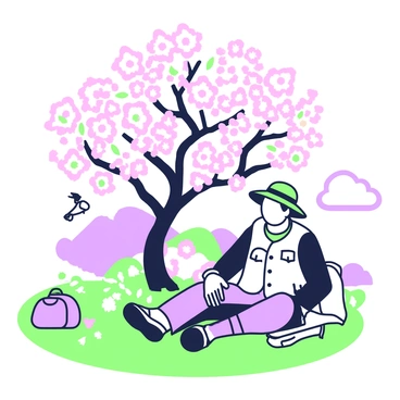 A vagabond is resting under a blossoming cherry tree. The vagabond is sitting on the grass, wearing a weathered jacket and a wide-brimmed hat, with a small backpack next to them. The cherry tree is adorned with numerous pink blossoms, some petals gently falling to the ground. Sunlight filters through the branches, creating dappled patterns on the ground. In the background, there are distant hills, and the sky is clear with a few fluffy white clouds. A small bird is perched on a branch nearby, adding life to the tranquil scene.