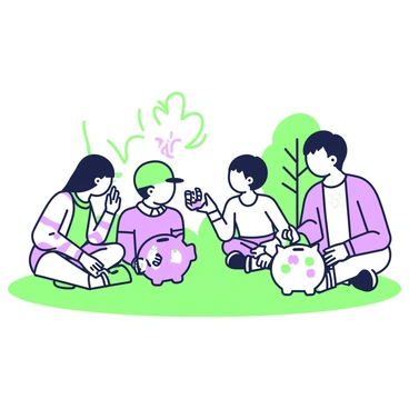 A group of children is sitting in a circle on a grassy surface. Each child has a distinct piggy bank in front of them, featuring various designs and textures. One child has a piggy bank shaped like a castle, while another has a traditional round piggy with small painted flowers. They are engaged in conversation, with some children leaning forward and animatedly discussing their ideas. One child is holding a small notebook and pencil, taking notes, while another is pointing to their piggy bank as they share tips. In the background, a few trees can be seen, adding to the outdoor setting.