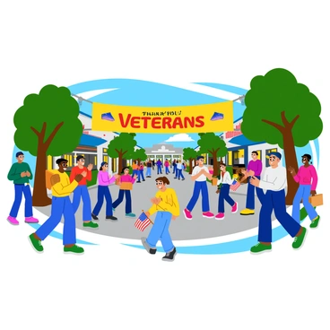 A large rectangular banner with the words "Thank You Veterans" printed in bold letters. The banner is colorful and hangs between two trees in a bustling town square. Groups of people of various ages and backgrounds are gathered around the banner, some clapping and others smiling. A few individuals are holding small American flags, while children run around enjoying the festive atmosphere. The square is lined with quaint shops and greenery, enhancing the sense of community.