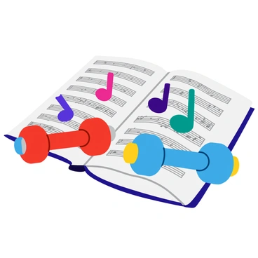 A set of dumbbells shaped like various musical notes, each featuring unique designs and colors. The dumbbells are arranged in a creative pattern on top of a large, open sheet of music, which displays a variety of musical staffs and notes. The dumbbells are positioned at different angles, creating a dynamic composition. The colors of the dumbbells range from bright reds to vivid blues, contrasting with the black and white of the sheet music. Each dumbbell reflects light, highlighting its musical note shape.