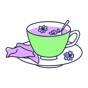 A teacup is placed on a saucer, filled with tea that has delicate blue flowers steeped within. The surface of the tea displays several flower petals gently floating, creating an intricate pattern atop the liquid. The teacup has a flowing design, complementing the elegance of the scene. A small teaspoon rests on the saucer beside the cup, adding to the presentation. A linen napkin is folded neatly next to the saucer, enhancing the overall composition.