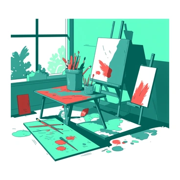 A teal artist's studio is filled with various canvases leaning against the walls. In the center, a table is cluttered with an assortment of paintbrushes of different sizes, some resting in a small white jar. Colorful splashes of paint in shades of teal and red are splattered across the wooden floor and the walls, creating a vibrant and lively atmosphere. Several unfinished canvases display bold strokes of red and teal paint, showcasing the artist's creativity and artistic process. The natural light coming from a large window illuminates the studio, enhancing the vivid colors present in the space.