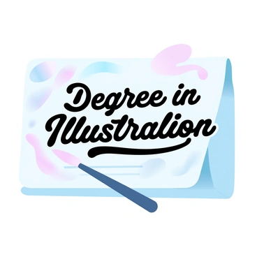A diploma shaped like an artist’s palette is prominently displayed. The palette has several paint blobs in various colors arranged across its surface. The diploma features elegant text that reads "Degree in Illustration" in a decorative font. A paintbrush rests diagonally across the palette, hinting at creativity. Soft gradient pastel colors gently blend in the background, enhancing the artistic theme of the composition.