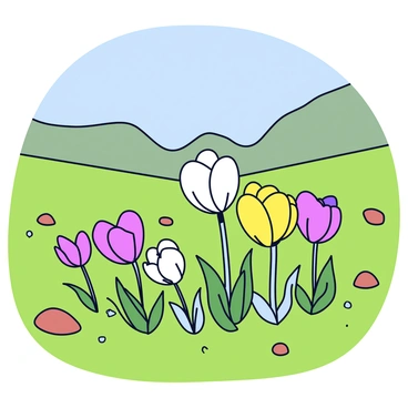 A cluster of wild crocus flowers in various shades of purple, yellow, and white, blossoming in a vibrant green meadow. The flowers are surrounded by lush grass and small patches of earth, indicating their natural habitat. In the background, gentle hills rise softly against a clear blue sky, creating a picturesque landscape. The sunlight casts a warm glow over the scene, highlighting the delicate petals of the crocus flowers.