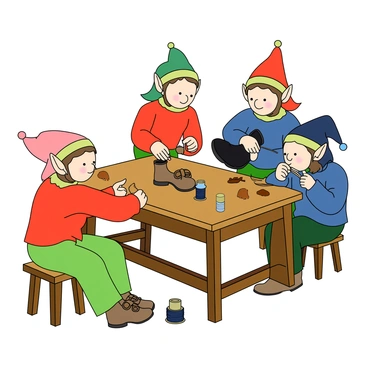 A group of small elves with pointy ears and colorful clothing are gathered around a wooden workbench. Each elf is focused on their task, crafting shoes with delicate tools. One elf with bright green pants is carefully stitching a tiny brown leather shoe, while another elf with a red shirt is polishing a shiny black boot. A third elf, wearing a blue tunic, is whispering to the others, sharing detailed secrets about the shoe-making process. The workbench is cluttered with spools of thread, pieces of leather, and tiny shoes in various stages of completion. Soft, warm light illuminates the workspace, creating a cozy and industrious atmosphere.