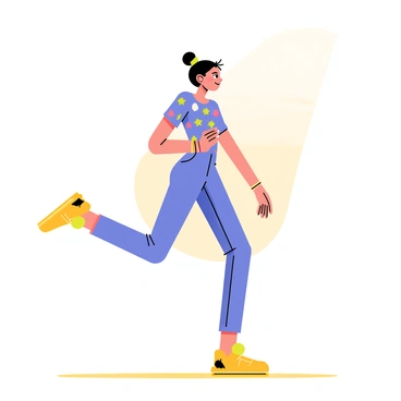 A dancer performing a series of dynamic step-up movements while transitioning into a freestyle dance routine. The dancer has a bright blue outfit with colorful patterns and is executing a high-energy jump. The background features a simple stage with soft lighting that highlights the dancer's movements. The dancer's hair is styled in an energetic ponytail, and their expression reflects concentration and joy. The floor is a polished wooden surface, enhancing the sense of movement and rhythm in the scene.