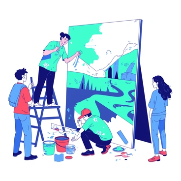 Two artists are working together on a large mural at the K-illustration fair. One artist, dressed in a teal paint-splattered shirt, is standing on a ladder applying vibrant blue paint to the top section of the mural. The other artist, wearing a red cap, is crouched down at the bottom, carefully adding intricate details with a brush. Around them, various paint supplies are scattered, including buckets of paint in different colors and brushes of all sizes. The mural showcases a dynamic blend of abstract shapes and scenes that capture the spirit of the fair. Spectators are gathered nearby, observing the collaborative effort with expressions of admiration.