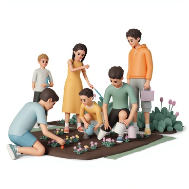 A group of five teenagers is gathered in a community garden, actively planting flowers and vegetables. One girl, wearing a light blue t-shirt and denim shorts, is kneeling in the soil, planting a small red tomato seedling. Next to her is a boy dressed in a green tank top and black shorts, holding a watering can, ready to water the newly planted seedlings. A girl with braided hair, wearing a yellow sundress, is smiling as she plants colorful flower seeds in the ground. Another boy, wearing a gray t-shirt and cargo pants, stands nearby, holding a spade and looking at the others with enthusiasm. The fifth teenager, in an orange hoodie and jeans, is arranging gardening tools on a nearby table. The garden is vibrant with various plants and flowers in the background.