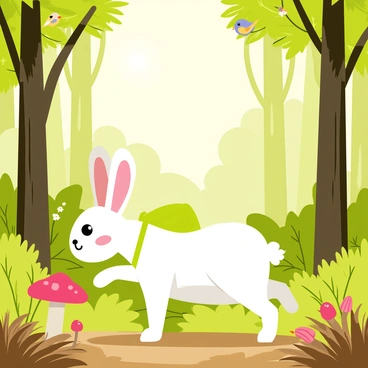 A cute rabbit with soft white fur is wearing a tiny green backpack. The rabbit is hopping through a dense forest filled with tall trees and lush, green foliage. Sunlight filters through the leaves, casting gentle shadows on the forest floor, which is covered in brown leaves, moss, and colorful wildflowers. The rabbit has bright, curious eyes as it explores its surroundings, stopping to sniff a bright red mushroom. Birds are perched on branches above, adding to the lively atmosphere of the forest.