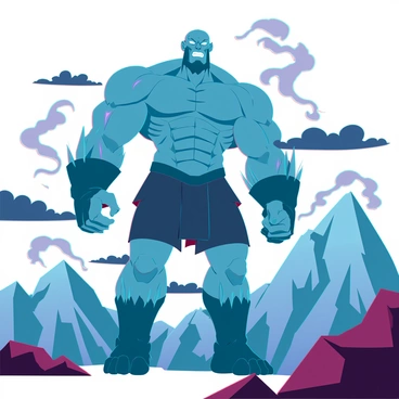 A colossal titan with imposing features, standing amidst a rugged mountain range. Its body is adorned with intricate details of muscle and sinew, towering above the peaks. Dark clouds swirl dramatically around its massive form, casting shadows on the mountains below. The titan's eyes glow with a fierce intensity, and its expression conveys a sense of power and dominance over the landscape. The mountains are rocky and steep, surrounding the titan in a scene filled with awe-inspiring scale and grandeur.