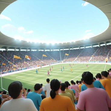 A large sports stadium filled with cheering crowds, waving flags, and colorful banners. In the foreground, several athletes are in action, wearing vibrant team uniforms, showcasing their skills in a fierce competition. The crowd is animated, with some fans standing and others clapping, all creating a lively atmosphere. Bright floodlights illuminate the field, adding to the excitement of the event. The sky above is clear, and the energy of the crowd is palpable, contributing to the thrilling ambiance of the day.