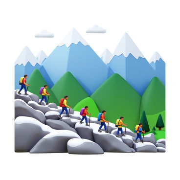 A 3D rendering of multiple hikers trekking up a mountain. The mountain features snow-capped peaks and green valleys below. The hikers are wearing colorful outdoor gear and carrying backpacks. Some hikers are using trekking poles, while others are taking a moment to rest. The scene captures the rugged terrain with rocks and patches of snow, and the sky is clear with a few fluffy clouds. The valleys are filled with greenery and small trees.