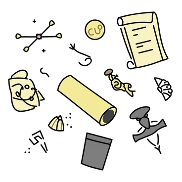 A variety of historic artifacts and treasures arranged on an illustration board. The collage includes a golden ancient coin, a small, intricately designed bronze statue, and a scroll with faded text. There are fragments of pottery with unique patterns, an ornate jeweled brooch, and a piece of medieval armor. Each item is positioned carefully to create a visually appealing layout, with subtle shadows highlighting the textures and details of the artifacts.