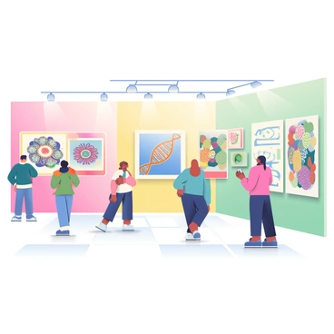 An art gallery filled with large frames displaying various artworks. Each artwork represents a different stage of genetic changes over time. The first frame shows a vibrant depiction of a single cell, with intricate details of DNA strands in a swirling pattern. The next frame transitions to a complex organism, showcasing various colors and textures that symbolize evolution. Throughout the gallery, the walls are painted in soft pastel shades to create a calming atmosphere. Visitors are observing the artworks, some taking notes, while others are engaged in discussions about the concepts presented. Soft lighting accentuates the details of each piece, highlighting the layers of meaning in the art.