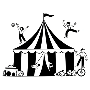 A whimsical scene of a vintage circus with acrobats, clowns, and a big top tent