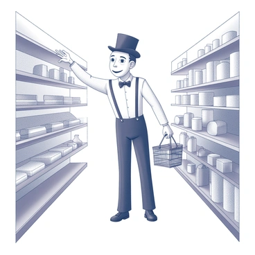 A mime is standing in the aisle of a grocery store. The mime is dressed in classic black and white attire, including a top hat and suspenders. One hand is reaching out to an invisible shelf, pretending to examine various groceries. The other hand holds an imaginary shopping basket. The mime's facial expressions convey focus and curiosity as they pretend to pick up items, such as fruits and vegetables, and place them carefully into the basket. Surrounding the mime are shelves filled with empty spaces, suggesting a variety of grocery products that are not visible. The mime's movements are exaggerated, emphasizing the act of shopping without any visible items.