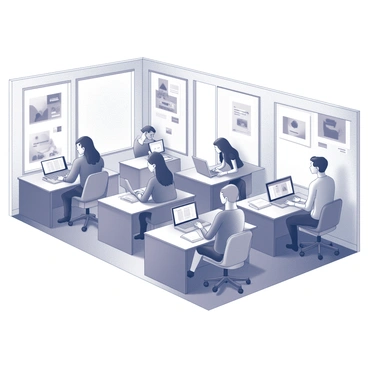 A modern office space featuring several workstations. Multiple individuals are seated at desks, focused on their laptops, some typing while others are reading documents. The office has a sleek design with large windows allowing natural light to fill the room. On the walls, there are various illustrations, depicting abstract concepts and professional themes. The atmosphere is dynamic, with people engaged in discussions and collaborating over projects.