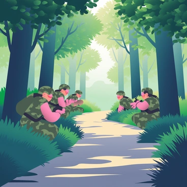 A dense forest path is lined with tall, lush trees with thick foliage casting dappled shadows on the ground. The path winds through the underbrush, where ferns and small bushes create a tangled border. Hidden among the trees, several figures are crouched down, wearing camouflage clothing that blends seamlessly with their surroundings. Their expressions are focused and tense, as they prepare for an ambush. The sun's rays filter through the leaves, illuminating patches of the forest floor, while the air is thick with the scent of earth and foliage.