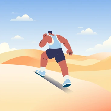 A person is performing high knees exercise in a vast desert landscape filled with large, smooth sand dunes. The individual has a sun-kissed complexion and is wearing a light blue athletic tank top and black shorts. Their knees are lifted high as they move energetically across the sandy terrain. The sky above is a bright blue with a few fluffy white clouds scattered. In the background, the rolling sand dunes create gentle waves, their golden hues contrasting with the deep blue of the sky. The sun casts long shadows on the sand, enhancing the texture of the landscape.