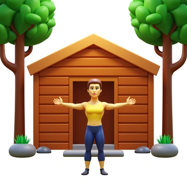 A person with a focused expression performing lateral raises outside a wooden cabin. The individual is wearing a fitted gym outfit, showcasing a strong physique. The wooden cabin has a rustic design, surrounded by tall trees with green leaves. Sunlight filters through the branches, casting dappled shadows on the ground. There are small rocks and patches of grass around the cabin, enhancing the natural forest environment. The scene captures a moment of fitness in a serene outdoor setting.