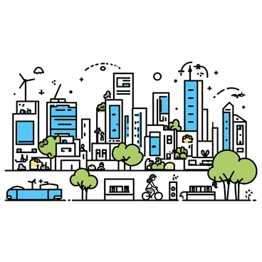A sprawling futuristic cityscape featuring sleek, modern skyscrapers made of glass and steel, adorned with vertical gardens on their facades. Solar panels are integrated into the architecture, capturing sunlight to power the buildings. Wind turbines are placed strategically on rooftops, spinning gently in the breeze. Green spaces with lush trees and plants are interspersed throughout the city, providing natural habitats. Public transportation is efficient with electric buses and trams moving along dedicated paths. Citizens in contemporary attire are seen walking or cycling along wide, tree-lined streets, contributing to the low-emission environment.