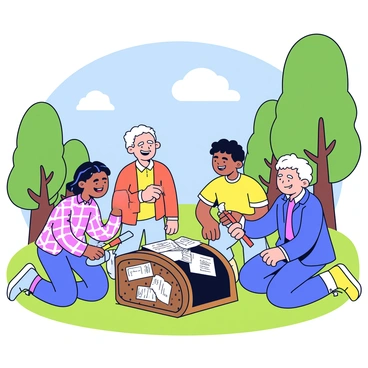 A group of four old friends are gathered in a grassy park, surrounded by tall trees and a bright blue sky. They are all smiles, eagerly kneeling around a weathered, rusted time capsule. One friend holds a small shovel, while another lifts the lid of the capsule, revealing old letters and photographs inside. Each friend has a unique style of clothing that reflects their personalities, with one wearing a plaid shirt, another in a colorful sweater, and the third sporting a denim jacket. The atmosphere is lively as they reminisce and share stories from their past.