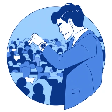 A person with a nervous expression is checking their watch, displaying a sense of urgency. They are wearing a sleek blue suit with a white shirt underneath. Their left hand is raised to their wrist, where a silver watch glimmers under the stage lights. In the background, there is a crowd of people blurred slightly, creating a sense of anticipation. The person's right hand is slightly raised as if preparing to step forward onto the stage, and their body is angled toward the crowd while they glance back at them.