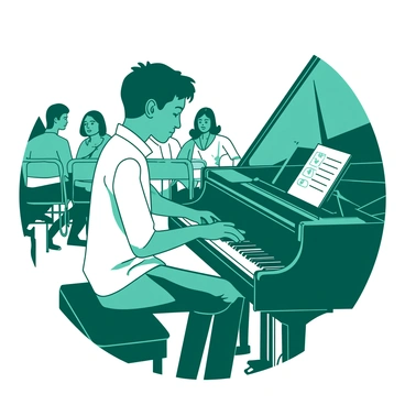 A teal student is sitting on a black piano bench, focused on playing the piano during a music performance exam. The piano is grand, with glossy black keys that shine under the lights. Sheet music is placed on the stand, slightly turned towards the audience. The student is wearing a white shirt, and their hair is neatly styled. Behind the student, there is a small audience seated in folding chairs, listening intently. The atmosphere is filled with anticipation, with soft lighting highlighting the student and the piano.