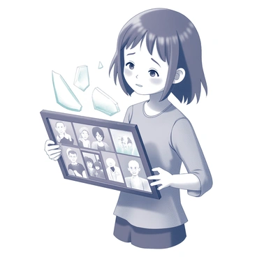 A girl stands with a shattered picture frame in her hands. The frame is broken, with the glass pieces reflecting light in various angles. Inside the frame, several photographs depict her family, showcasing moments of joy and togetherness. The girl's expression conveys a mixture of sadness and nostalgia as she looks at the images. The background is neutral, emphasizing the emotional weight of the scene.