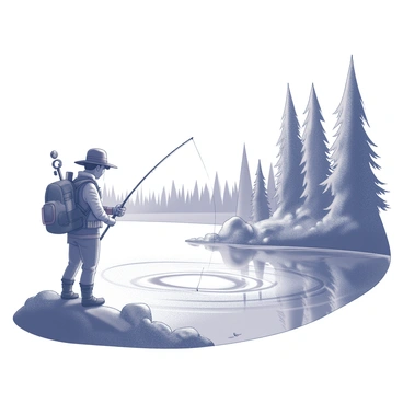 A magical explorer stands at the edge of a shimmering lake. The explorer is wearing a rugged adventurer's outfit, with a wide-brimmed hat and a backpack filled with various tools and supplies. The explorer is holding a fishing rod, casting a line into the tranquil waters. The lake appears smooth and glassy, mirroring the surrounding tall trees and rocky outcrops. The reflection in the water creates a mesmerizing pattern that resembles a kaleidoscope, suggesting vibrant, swirling designs. The atmosphere is lively with small creatures flitting around the edges of the lake and a gentle breeze causing ripples on the water's surface.