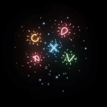 A dark night sky filled with vibrant fireworks. Each explosion showcases a different cation symbol made of bright, colorful sparks. The fireworks burst in various colors, including red, blue, green, and yellow, illuminating the surrounding area. The cation symbols appear clear and distinct, each one glowing against the dark backdrop of the night. The spectacle creates a dazzling display, with trails of light left in the sky as the fireworks fade.