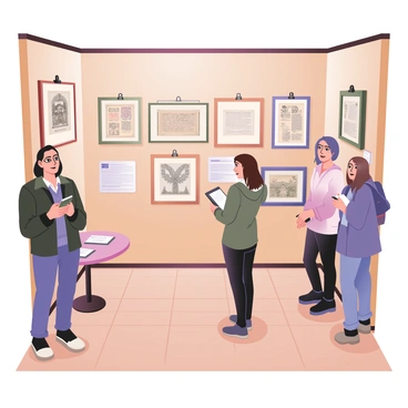 A digital flat illustration showcasing an exhibition room filled with various historical illustration styles. On the walls, there are framed artworks representing different eras, including medieval manuscripts, Renaissance sketches, and modern comic art. Each piece is accompanied by a clear "informational plaque" that provides details about the style and artist. The room has wooden flooring and soft lighting, highlighting the artworks. In the foreground, there are visitors, including a man with glasses reading a plaque and a woman taking notes. A small table with brochures about the exhibition is positioned near the entrance.
