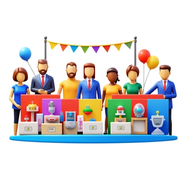 A group of young inventors presenting their projects at a science fair. The inventors are standing beside their colorful displays, which include various inventions made from materials like cardboard, plastic, and electronics. The judges, wearing professional attire, are engaged and showing excitement as they evaluate the projects. Bright banners and balloons decorate the fair, adding a festive atmosphere. Each project features unique designs and creative solutions to different problems. The inventors are smiling and confidently explaining their innovations.