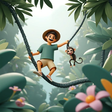 A 3D cartoon explorer, wearing a brown hat, a green shirt, and khaki shorts, is swinging on a thick vine. The explorer has a joyful expression on their face as they navigate through the dense jungle. Beside the explorer, a small, friendly monkey is hanging onto the vine, smiling with its big eyes. The jungle is filled with various shades of green foliage, large leaves, and colorful flowers, creating a vibrant backdrop for their adventure. Sunlight filters through the canopy, casting dappled light on the scene.