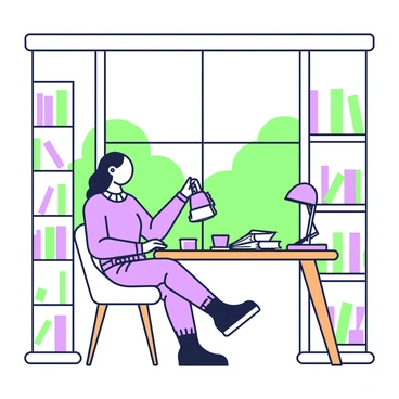 A woman with long hair is sitting in a private study room within a library. She is wearing a comfortable sweater and jeans, with her legs crossed. The room features a wooden desk with a small lamp providing soft lighting. On the desk, there is an open book and a notebook next to a cup of tea. The woman is using a breast pump with a relaxed expression, focused on her task. Behind her, there is a bookshelf filled with various books, and a large window showcases a peaceful view of green trees outside. The atmosphere is calm and quiet, perfect for concentration.