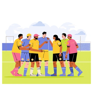 A diverse team of athletes gathered in a tight huddle on a grassy field. They have on colorful uniforms, each displaying distinct team logos and numbers. Their expressions reveal focus and determination as they lean in closely together, discussing their strategy. One player is animatedly gesturing with their hands, pointing towards the field, while others nod and listen intently. The background shows goal posts and a crowd in the distance, adding to the sporty atmosphere. The sky above is clear with a few fluffy white clouds.