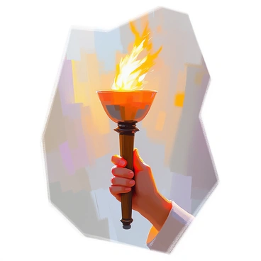 A hand with light skin grasping a torch that is alight with a bright flame. The torch features a wooden handle with intricate carvings. The flame is vibrant and flickering, casting a warm glow around the hand. The background is softly blurred, emphasizing the torch and the hand holding it. The scene conveys a sense of hope and inspiration, symbolizing "freedom" and "enlightenment."