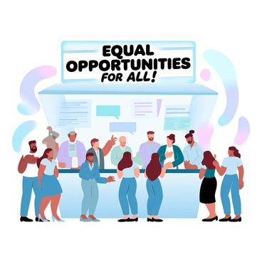 A job fair booth has a large sign that reads "Equal Opportunities for All" in bold letters. The booth is decorated with colorful banners and pamphlets. In front of the booth stands a diverse group of hopeful applicants, including individuals of different genders and ethnicities. Some applicants are holding resumes, while others are engaged in conversation with each other. The atmosphere is vibrant, with a backdrop featuring additional job-related displays and informational materials.
