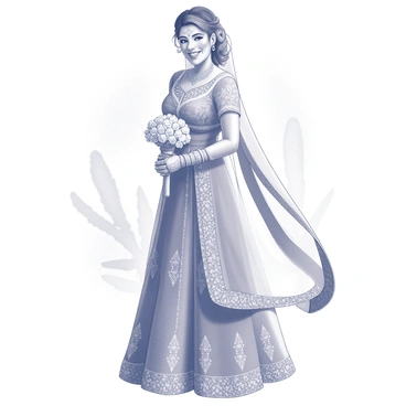 A modern Indian bride stands gracefully, her expression radiating joy. Her forehead is adorned with multiple sparkling "bindis" arranged in an artistic pattern. She wears an intricately designed bridal outfit that flows elegantly to the floor. The garment features detailed embellishments and patterns that enhance its beauty. Her hair is styled in an elaborate updo, with delicate strands framing her face. The bride's hands are decorated with intricate "mehndi" designs, showcasing traditional artistry. She holds a bouquet of fresh flowers, adding a touch of nature to her ensemble. The background suggests a festive atmosphere, filled with soft decorations and traditional motifs.