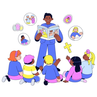 A pastor stands in front of a group of children seated on the floor. The pastor is holding a large illustrated book that depicts scenes from the Easter story. Around the pastor are various visual aids, including colorful pictures of Easter eggs, a small cross, and figures representing the characters in the story. The children look attentive and curious, some pointing at the illustrations. The setting is bright and cheerful, enhancing the atmosphere of storytelling.