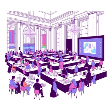 A large grand hall in London is filled with international illustrators gathering for a conference. The hall features high ceilings with ornate decorations and grand chandeliers hanging above. Rows of tables are set up, some displaying various illustration tools and materials, while others showcase art portfolios. Attendees from different countries are engaged in discussions, with colorful banners representing their respective nations hanging from the walls. In one corner, a presentation is taking place with a large screen displaying a striking illustration in progress. Tall windows let in streams of natural light, illuminating the vibrant atmosphere of creativity and collaboration.