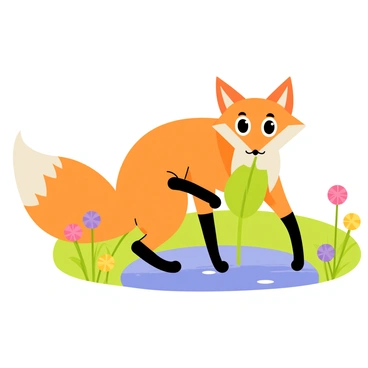 A cartoon fox sipping water from a pond using a leaf as a cup